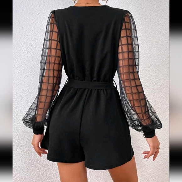 Plaid Mesh Lantern Sleeve Overlap Collar Belted Romper - Picture 2 of 5